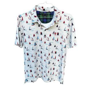 William Murray Ivory Golf Polo Shirt Mens M Sail Away Boat Print Nautical Wave